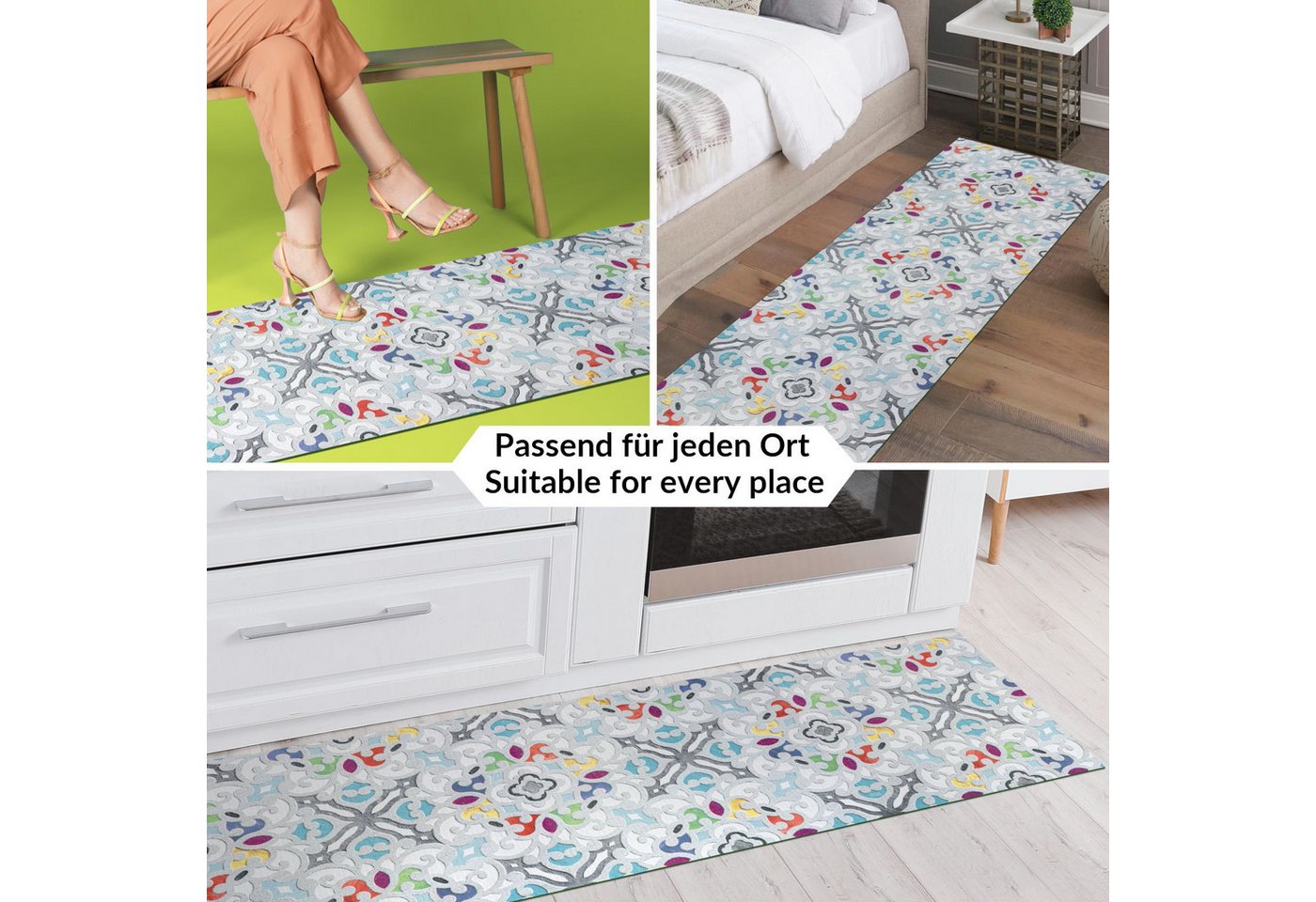 ANRO Küchenläufer Teppichläufer Textil, Rechteckig, Höhe: 3 mm, Bodenläufer 100cm Valentina Grau pflegeleicht – Bild 3 von 5