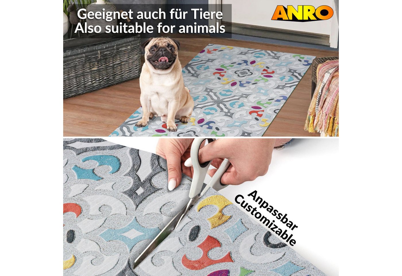 ANRO Küchenläufer Teppichläufer Textil, Rechteckig, Höhe: 3 mm, Bodenläufer 100cm Valentina Grau pflegeleicht – Bild 4 von 5