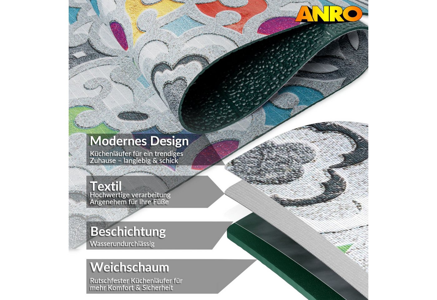 ANRO Küchenläufer Teppichläufer Textil, Rechteckig, Höhe: 3 mm, Bodenläufer 100cm Valentina Grau pflegeleicht – Bild 5 von 5