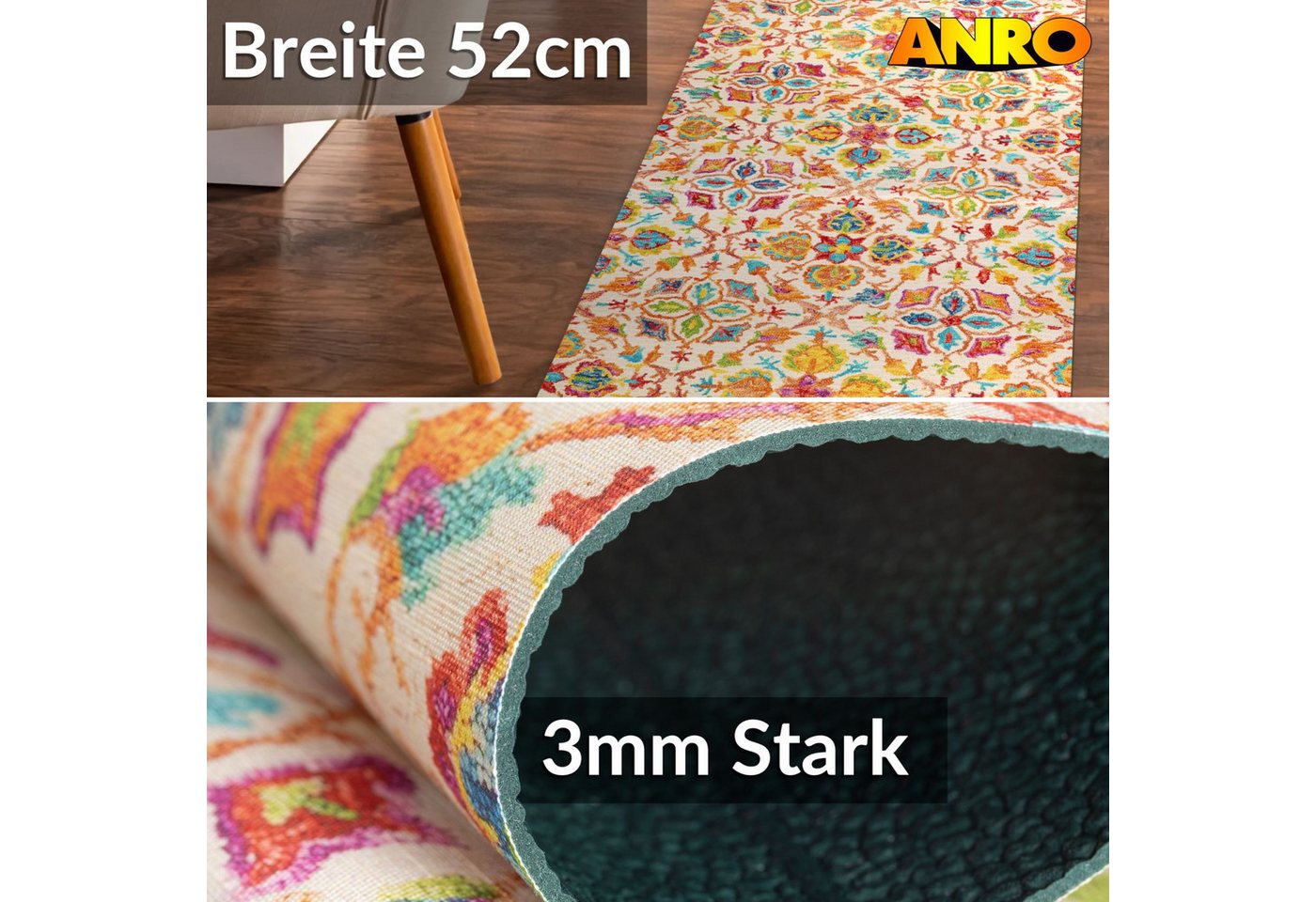 ANRO Küchenläufer Teppichläufer Textil, Rechteckig, Höhe: 3 mm, Bodenläufer 100cm Abbraccio Bunt pflegeleicht – Bild 2 von 5