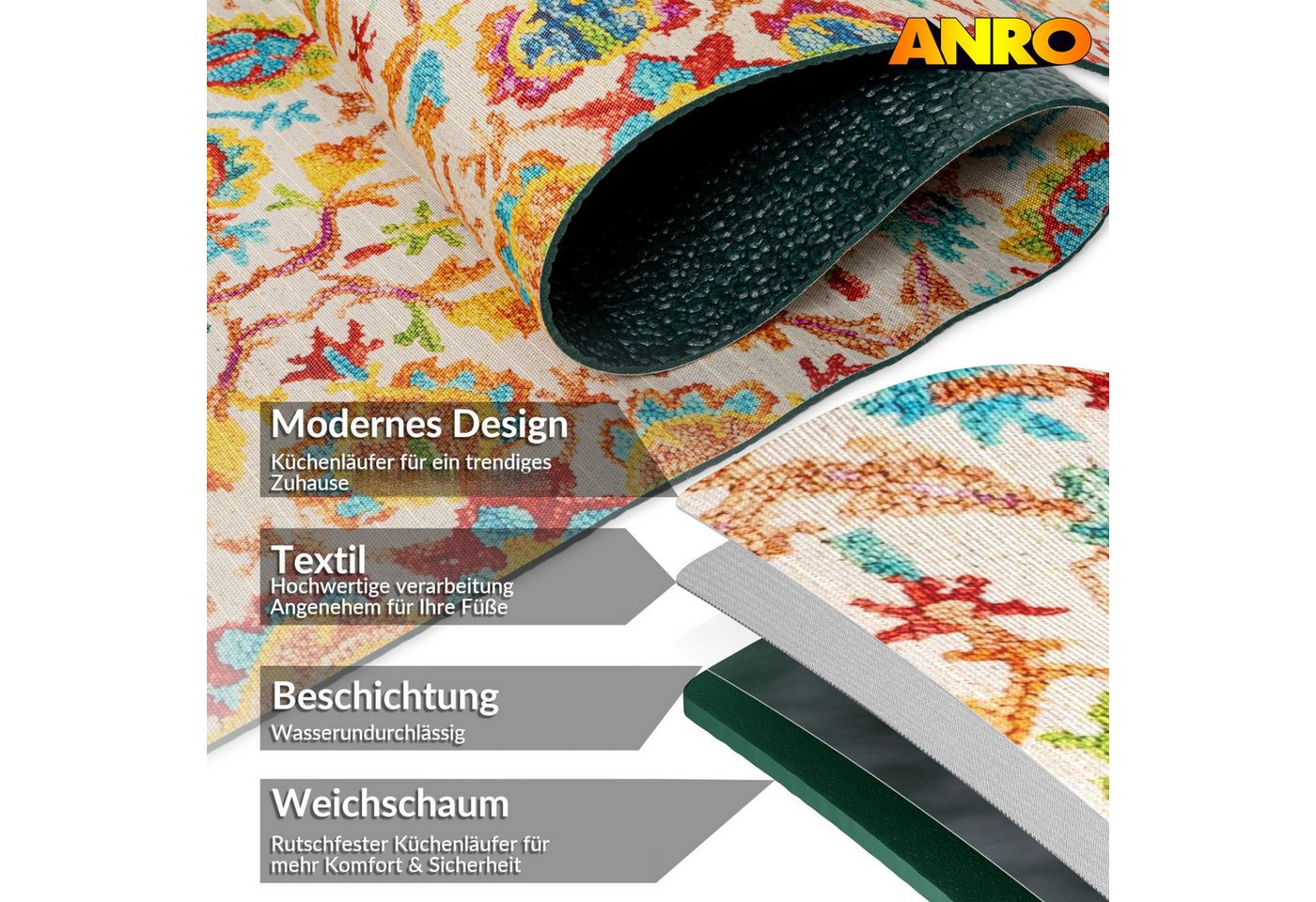 ANRO Küchenläufer Teppichläufer Textil, Rechteckig, Höhe: 3 mm, Bodenläufer 100cm Abbraccio Bunt pflegeleicht – Bild 5 von 5