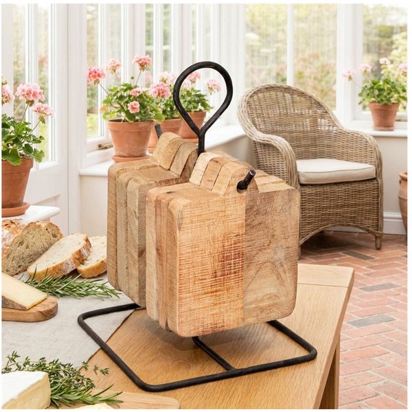 Antikas Wanddekoobjekt Brettchenhalter mit 6 kleinen Holzbretter, Eisen, Holz