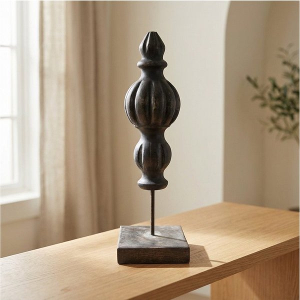 Antikas Wanddekoobjekt Deko-Skulptur aus Holz, Finial auf Sockel, schwarz patiniert, H.30 cm