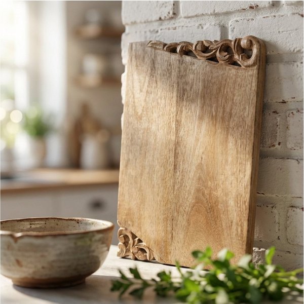 Antikas Wanddekoobjekt Schneide- und Servierbrett aus Holz, natur, fein geschnitzt, L.36 cm