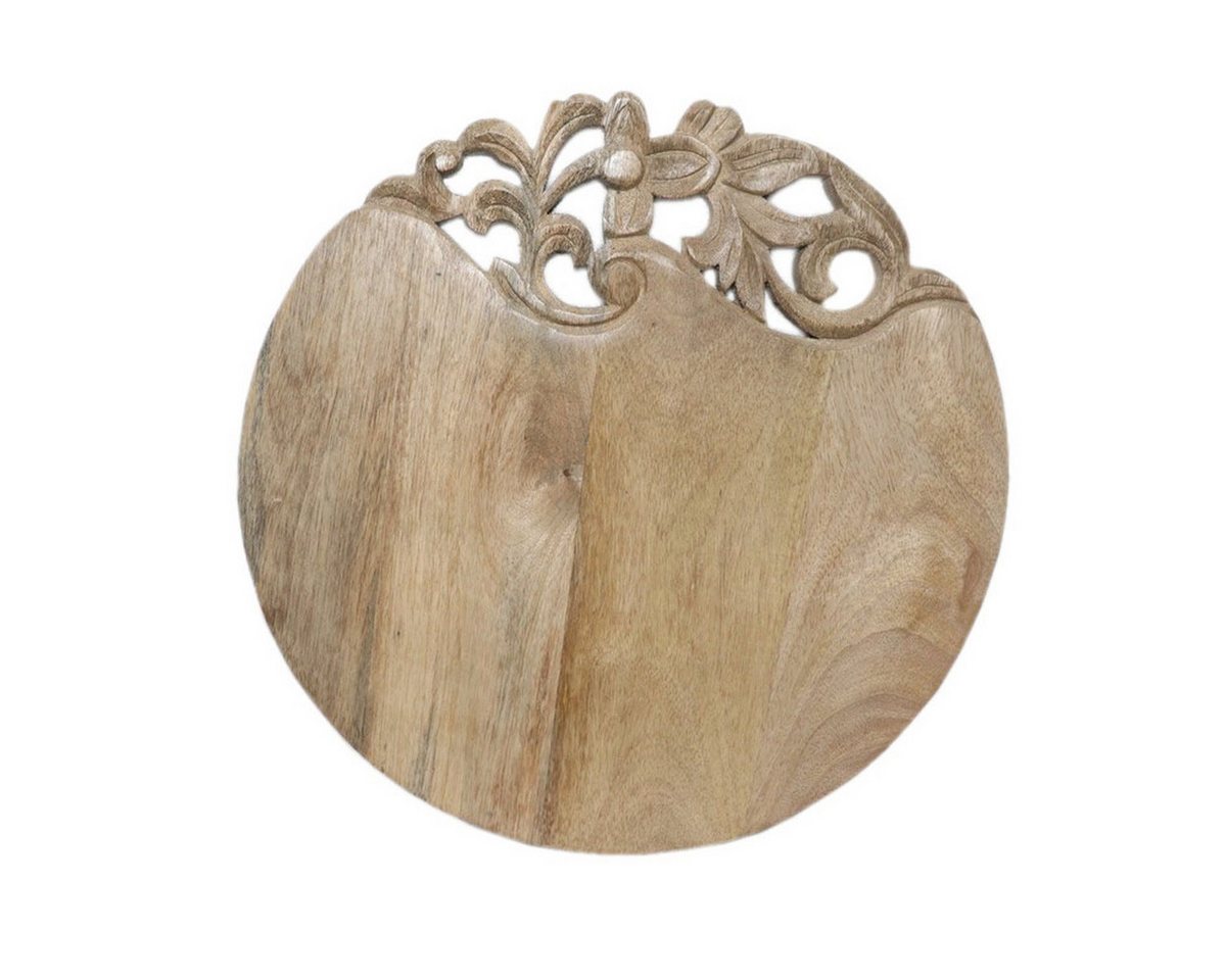 Antikas Wanddekoobjekt Servierbrett aus Holz, natur, rund, handgeschnitztes Blütenmotiv – Bild 4 von 4