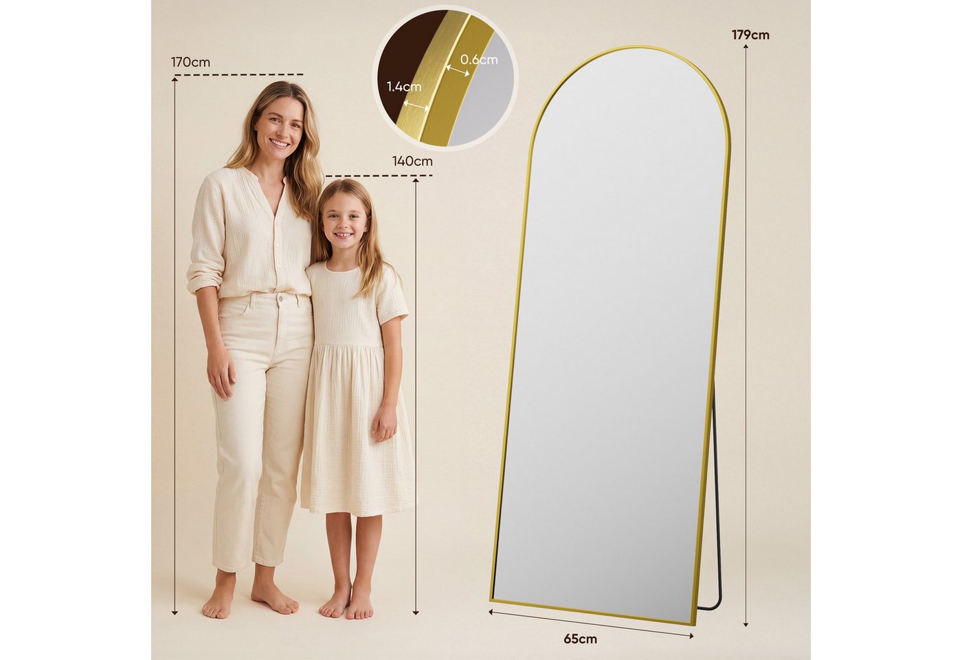 ANTOK Ganzkörperspiegel Bogenform, freistehend mit Ständer oder wandmontierbar (1-St), 179x65cm, für Schlafzimmer & Wohnzimmer – Bild 2 von 5