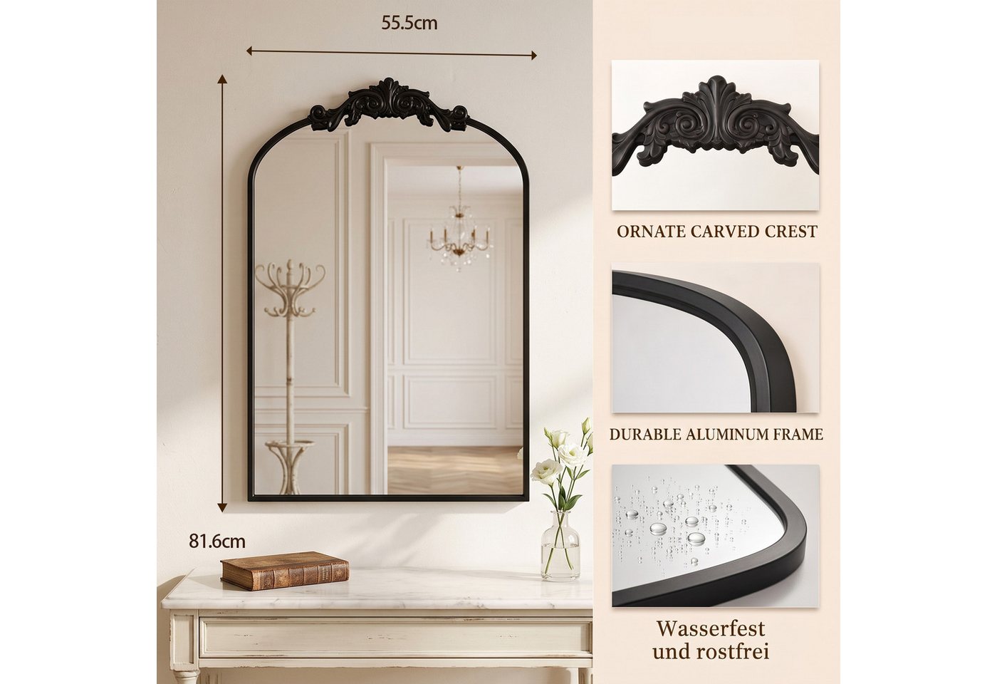 ANTOK Wandspiegel mit Rundbogen, Schwarzer Vintage-Spiegel im Barockstil (1-St), mit Metallrahmen für Wohnzimmer, Badezimmer, Kaminbereich und Flur – Bild 2 von 5