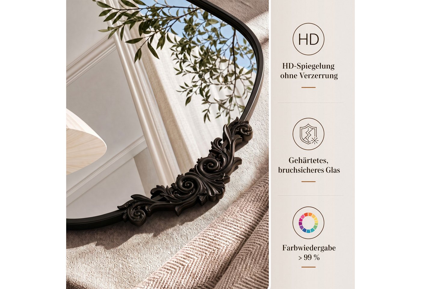 ANTOK Wandspiegel mit Rundbogen, Schwarzer Vintage-Spiegel im Barockstil (1-St), mit Metallrahmen für Wohnzimmer, Badezimmer, Kaminbereich und Flur – Bild 4 von 5