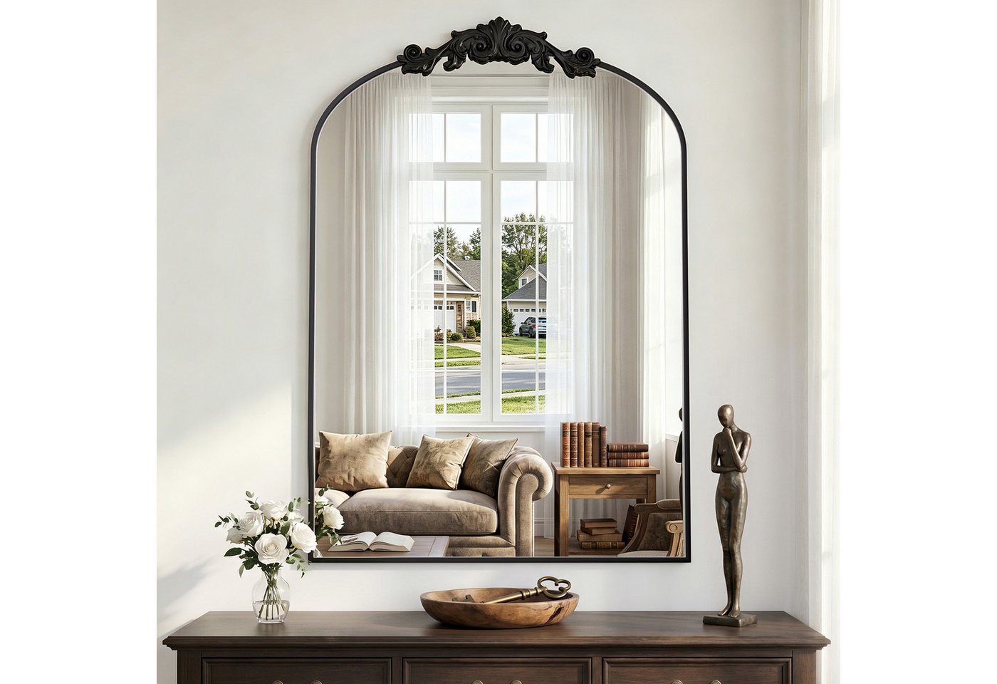 ANTOK Wandspiegel mit Rundbogen, Schwarzer Vintage-Spiegel im Barockstil (1-St), mit Metallrahmen für Wohnzimmer, Badezimmer, Kaminbereich und Flur – Bild 5 von 5