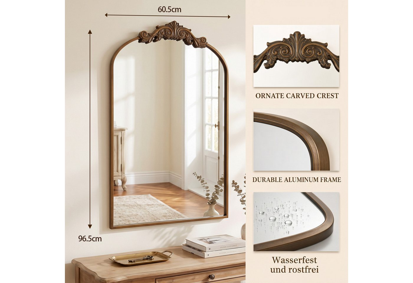 ANTOK Wandspiegel mit Rundbogen, Schwarzer Vintage-Spiegel im Barockstil (1-St), mit Metallrahmen für Wohnzimmer, Badezimmer, Kaminbereich und Flur – Bild 2 von 5