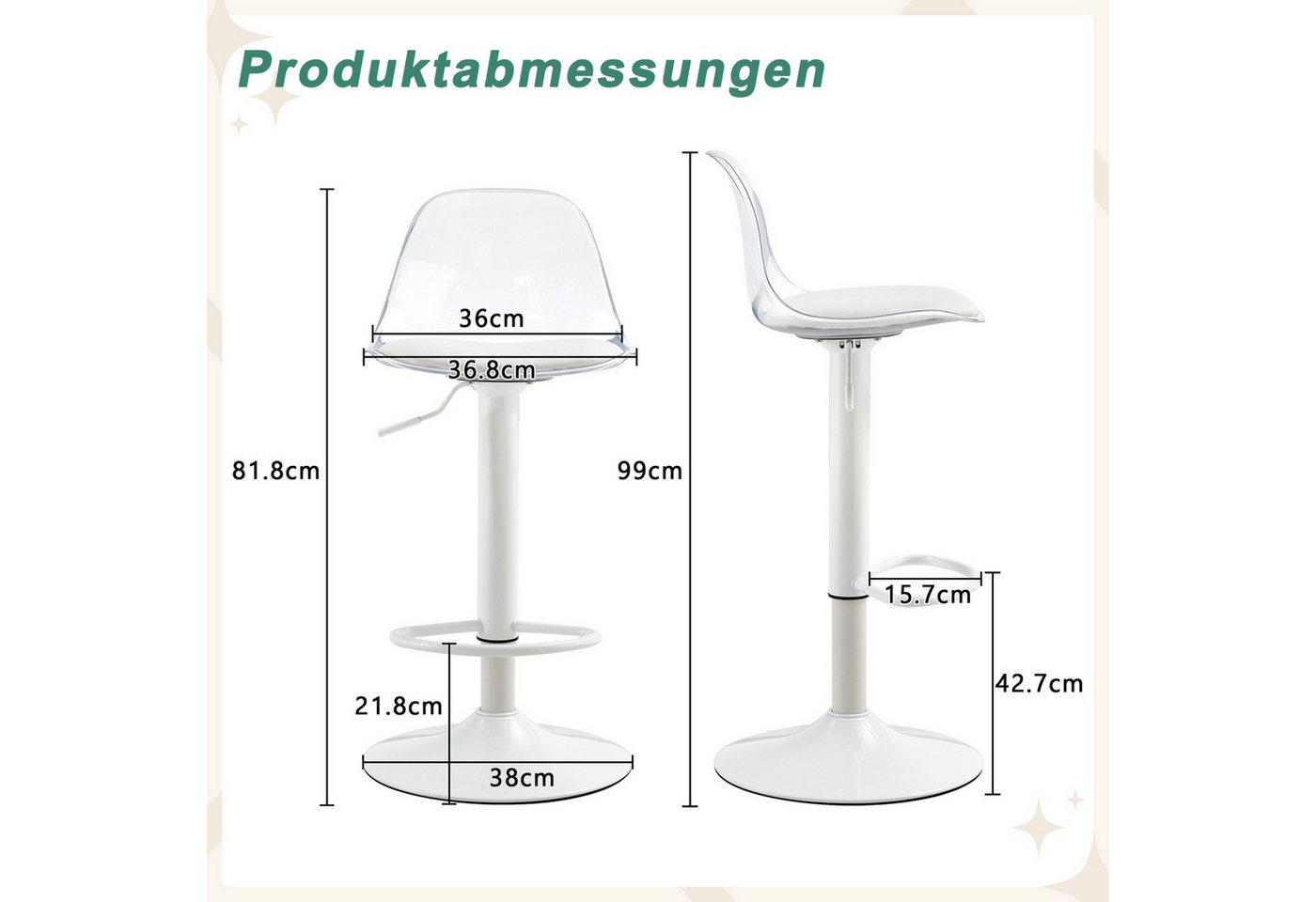 ANYSUN Barhocker 2er Set Balkenstuhl,mit Runder Fuß und Transparente Rückenlehne, (Höhenverstellbar/ 81,8-99cm, 360° Drehbar, Bar Stool Balkenstuhl, 2er-Set), D – Bild 2 von 5