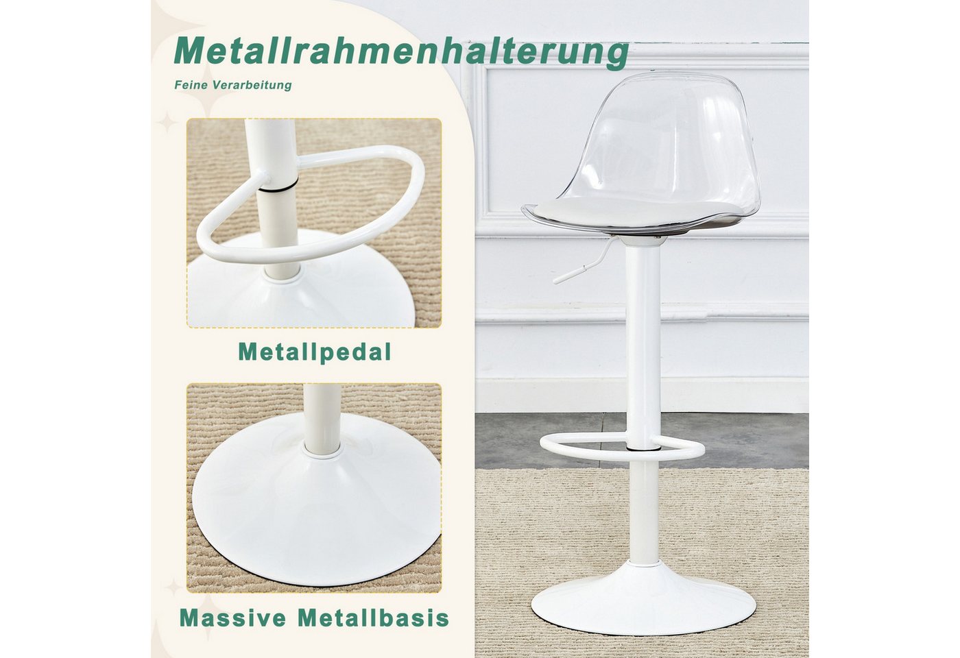 ANYSUN Barhocker 2er Set Balkenstuhl,mit Runder Fuß und Transparente Rückenlehne, (Höhenverstellbar/ 81,8-99cm, 360° Drehbar, Bar Stool Balkenstuhl, 2er-Set), D – Bild 3 von 5