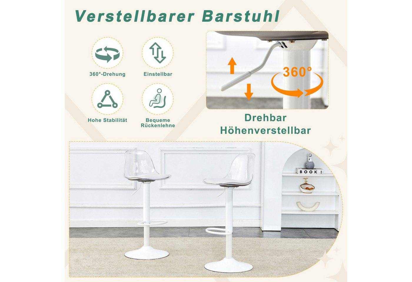 ANYSUN Barhocker 2er Set Balkenstuhl,mit Runder Fuß und Transparente Rückenlehne, (Höhenverstellbar/ 81,8-99cm, 360° Drehbar, Bar Stool Balkenstuhl, 2er-Set), D – Bild 4 von 5