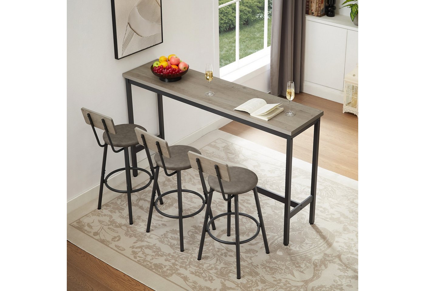 ANYSUN Bartisch Küchen-Esstisch,Kneipentisch, langes Esstisch-Set mit 3 Hockern (Langer Bartisch mit 3 gepolsterten Barhockern aus Kunstleder), industrieller Ba – Bild 2 von 5