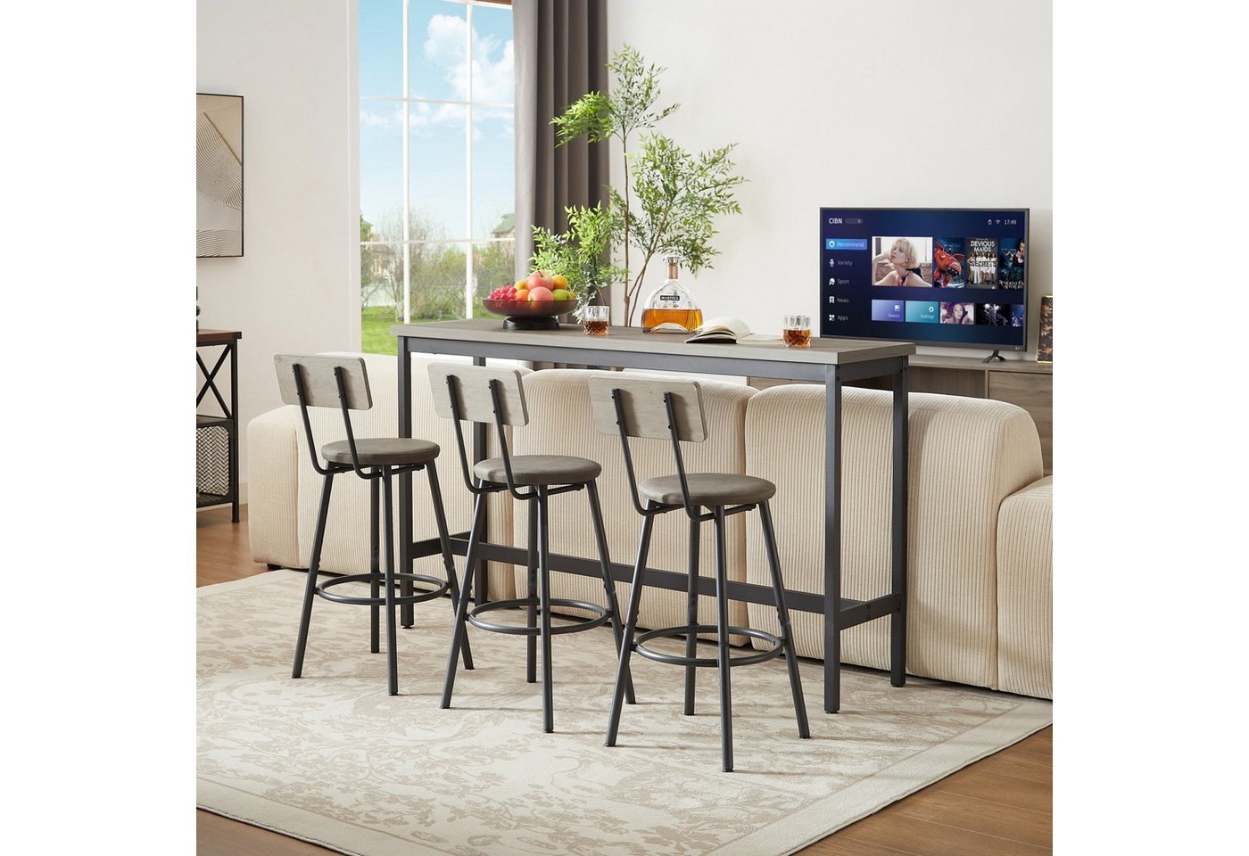 ANYSUN Bartisch Küchen-Esstisch,Kneipentisch, langes Esstisch-Set mit 3 Hockern (Langer Bartisch mit 3 gepolsterten Barhockern aus Kunstleder), industrieller Ba – Bild 3 von 5