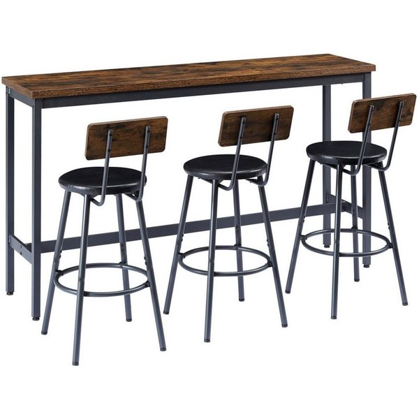 ANYSUN Bartisch Küchen-Esstisch,Kneipentisch, langes Esstisch-Set mit 3 Hockern (Langer Bartisch mit 3 gepolsterten Barhockern aus Kunstleder), industrieller Ba
