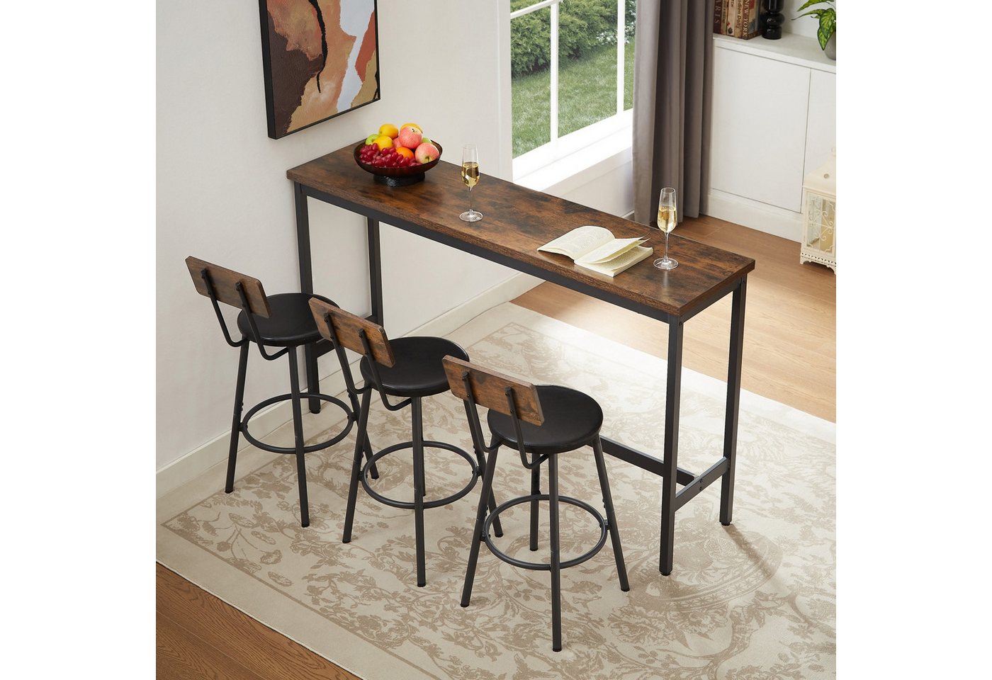 ANYSUN Bartisch Küchen-Esstisch,Kneipentisch, langes Esstisch-Set mit 3 Hockern (Langer Bartisch mit 3 gepolsterten Barhockern aus Kunstleder), industrieller Ba – Bild 2 von 5