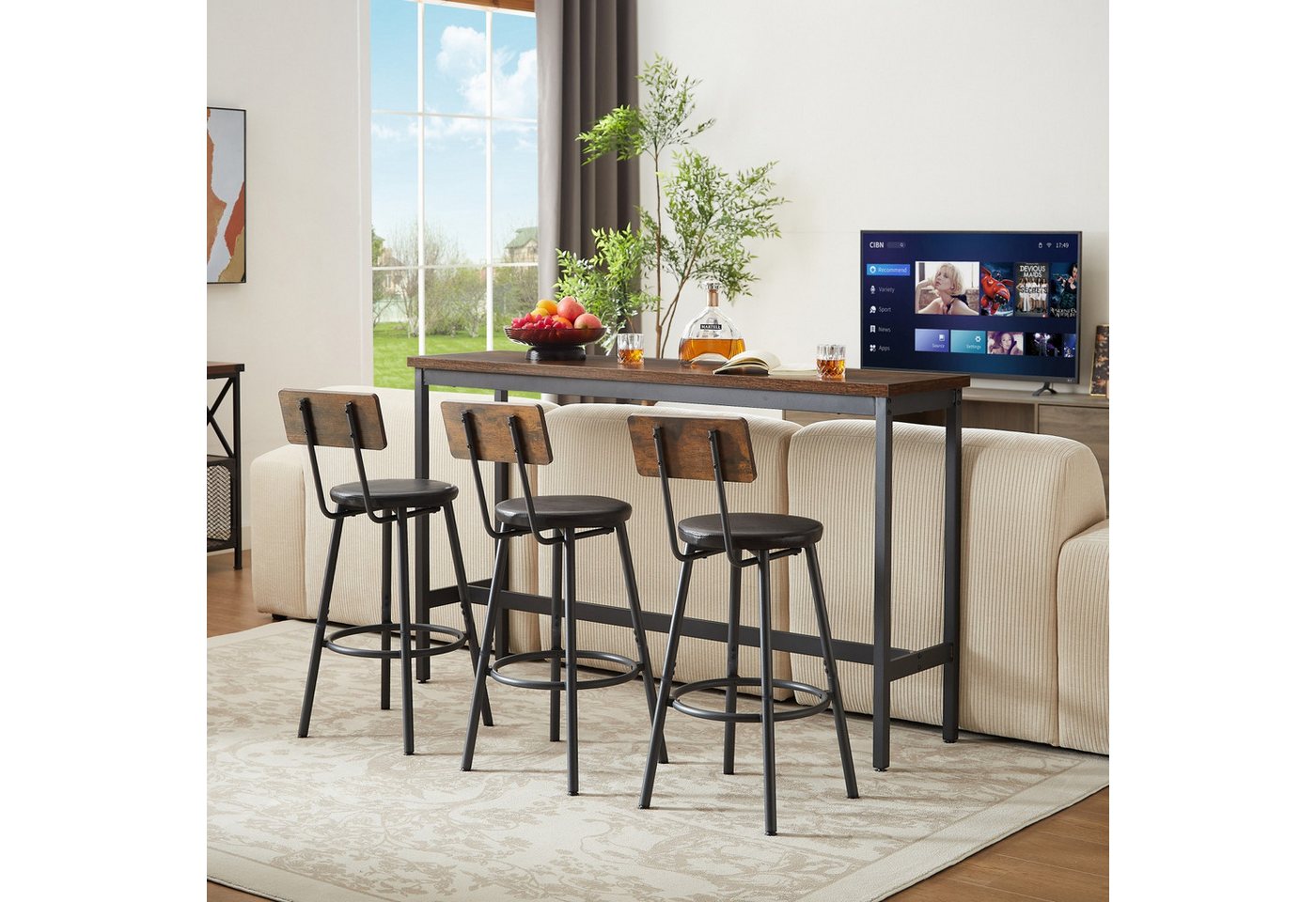 ANYSUN Bartisch Küchen-Esstisch,Kneipentisch, langes Esstisch-Set mit 3 Hockern (Langer Bartisch mit 3 gepolsterten Barhockern aus Kunstleder), industrieller Ba – Bild 3 von 5