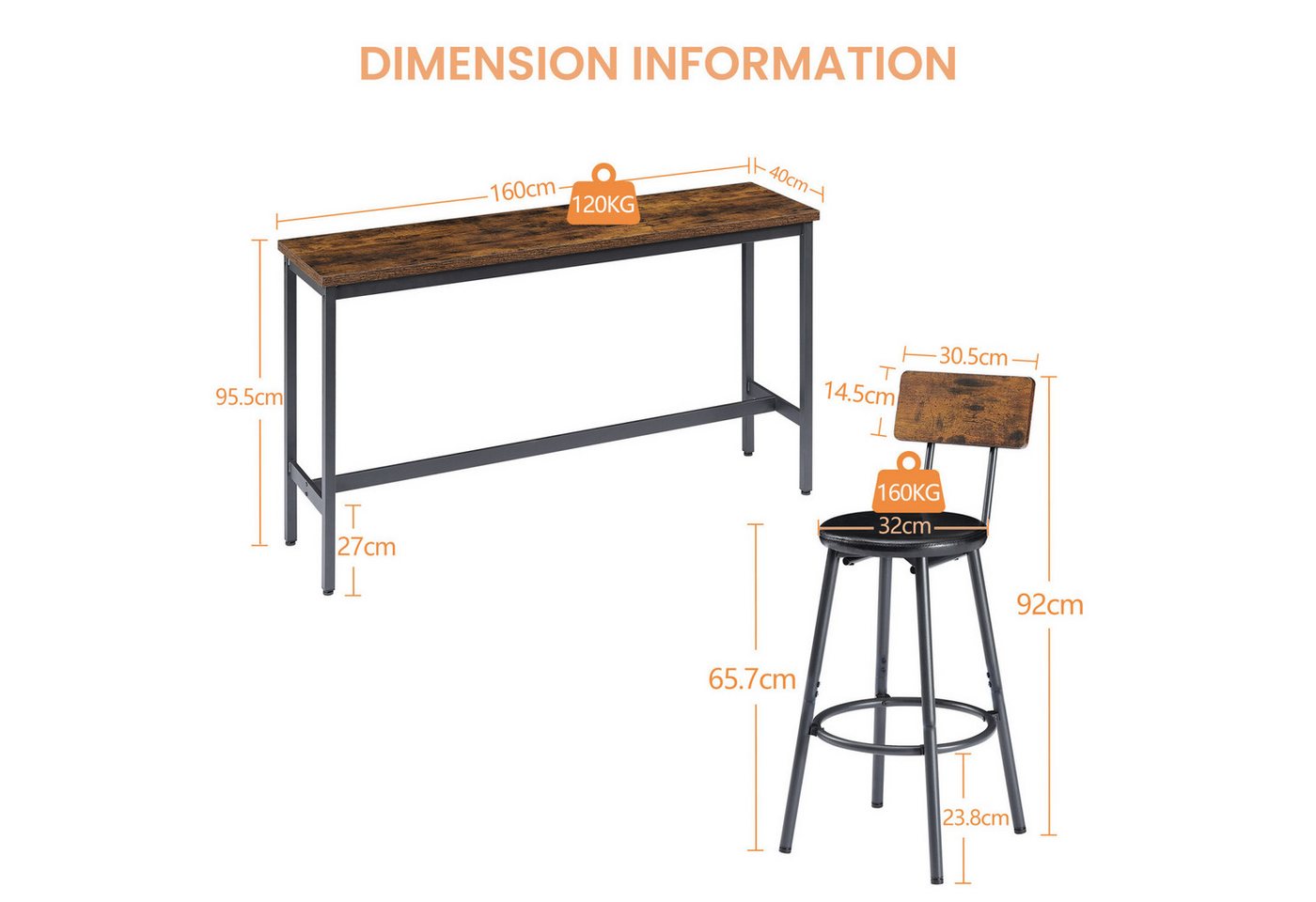 ANYSUN Bartisch Küchen-Esstisch,Kneipentisch, langes Esstisch-Set mit 3 Hockern (Langer Bartisch mit 3 gepolsterten Barhockern aus Kunstleder), industrieller Ba – Bild 4 von 5