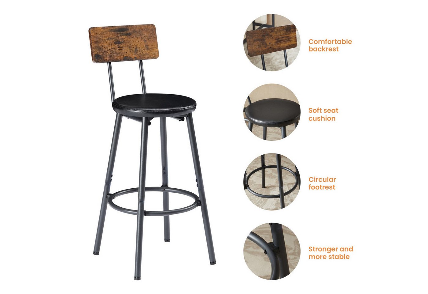 ANYSUN Bartisch Küchen-Esstisch,Kneipentisch, langes Esstisch-Set mit 3 Hockern (Langer Bartisch mit 3 gepolsterten Barhockern aus Kunstleder), industrieller Ba – Bild 5 von 5