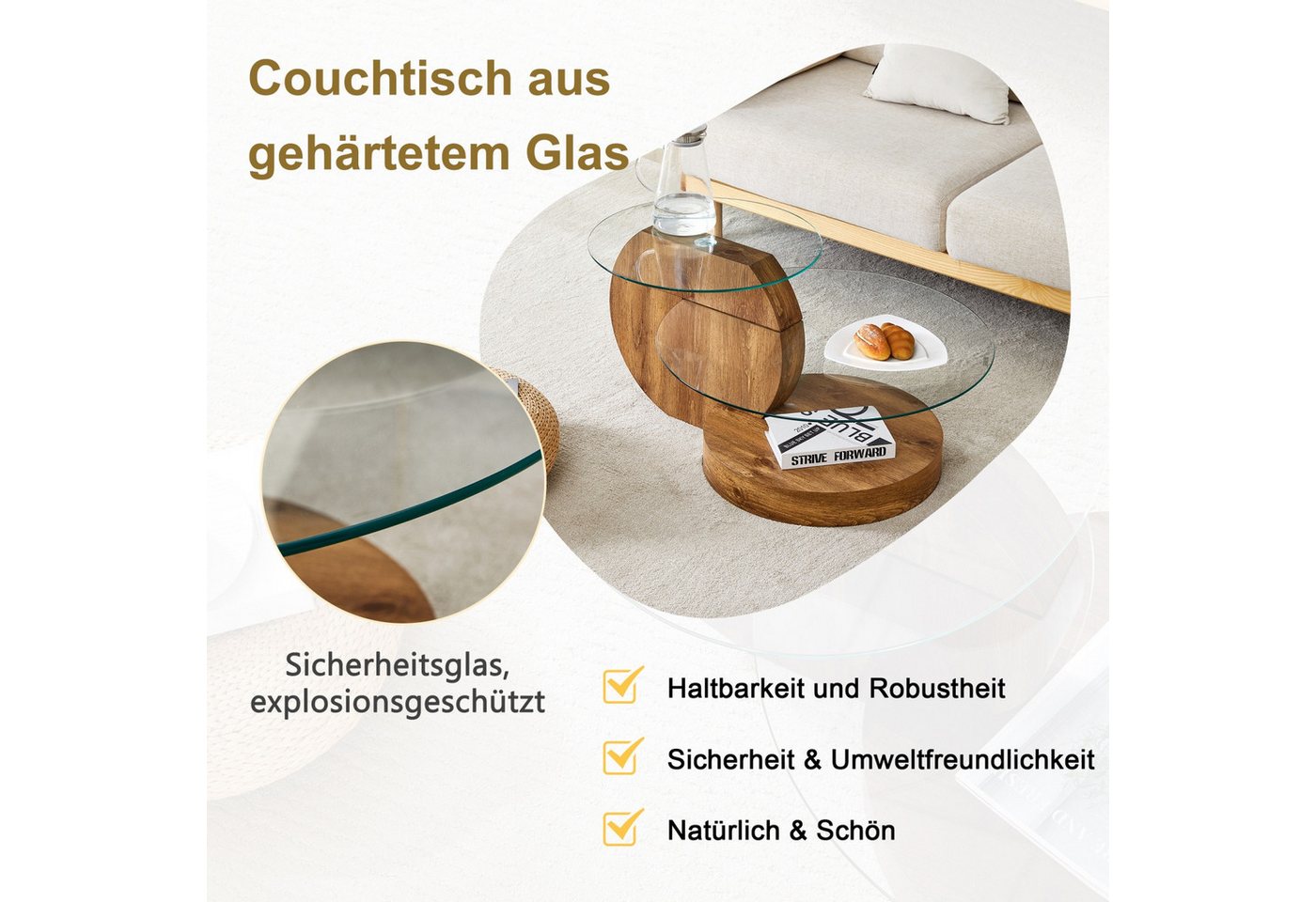 ANYSUN Couchtisch gehärteter Glas-Couchtisch, Wohnzimmertisch Modern (mehrschichtiges Design, Büro Beistelltisch), Beistelltisch Set Loft Design Wohnzimmertisch – Bild 4 von 5