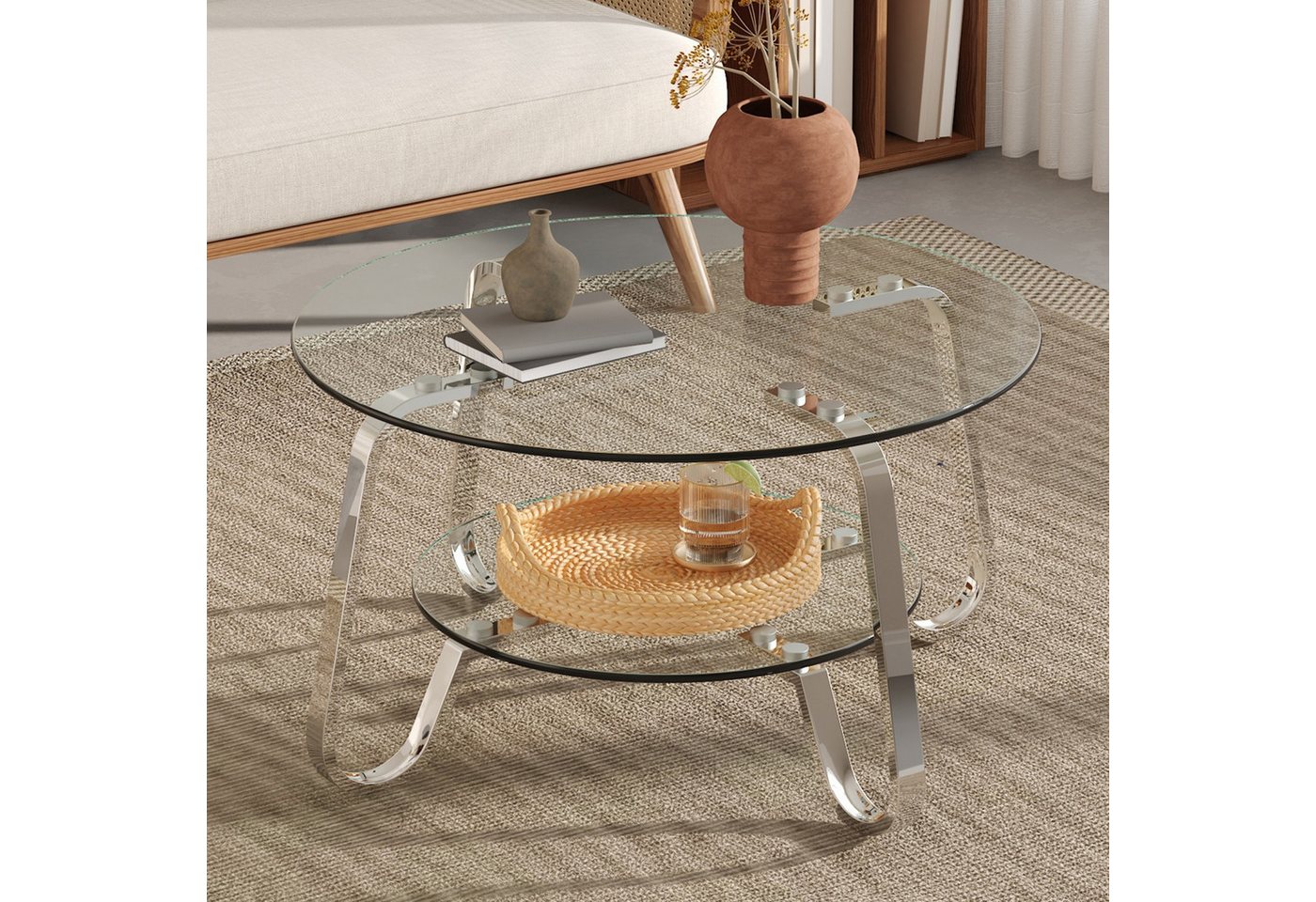 ANYSUN Couchtisch Glastisch Wohnzimmer,Couchtisch Glas Rund,Sofatisch φ80cm (Metallrahmen Doppelschicht gehärtetes Glas Couchtisch), Glas Couchtisch Beistelltis – Bild 3 von 5