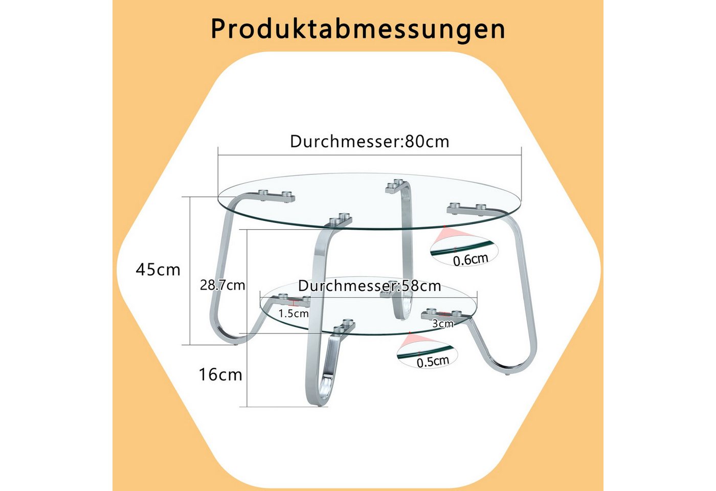 ANYSUN Couchtisch Glastisch Wohnzimmer,Couchtisch Glas Rund,Sofatisch φ80cm (Metallrahmen Doppelschicht gehärtetes Glas Couchtisch), Glas Couchtisch Beistelltis – Bild 4 von 5
