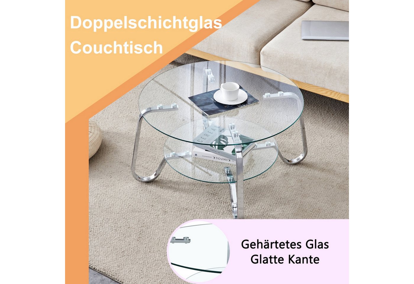 ANYSUN Couchtisch Glastisch Wohnzimmer,Couchtisch Glas Rund,Sofatisch φ80cm (Metallrahmen Doppelschicht gehärtetes Glas Couchtisch), Glas Couchtisch Beistelltis – Bild 5 von 5
