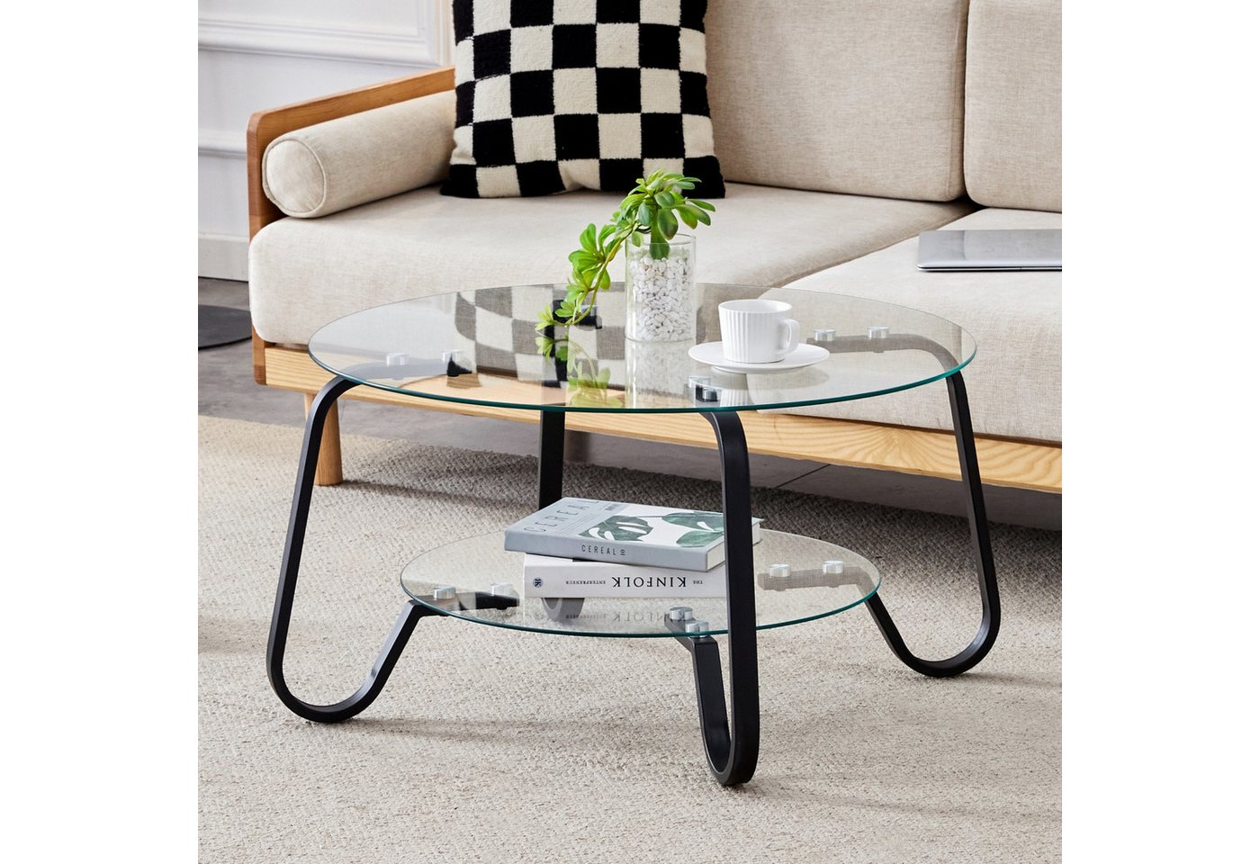 ANYSUN Couchtisch Glastisch Wohnzimmer,Couchtisch Glas Rund,Sofatisch φ80cm (Metallrahmen Doppelschicht gehärtetes Glas Couchtisch), Glas Couchtisch Beistelltis – Bild 2 von 5