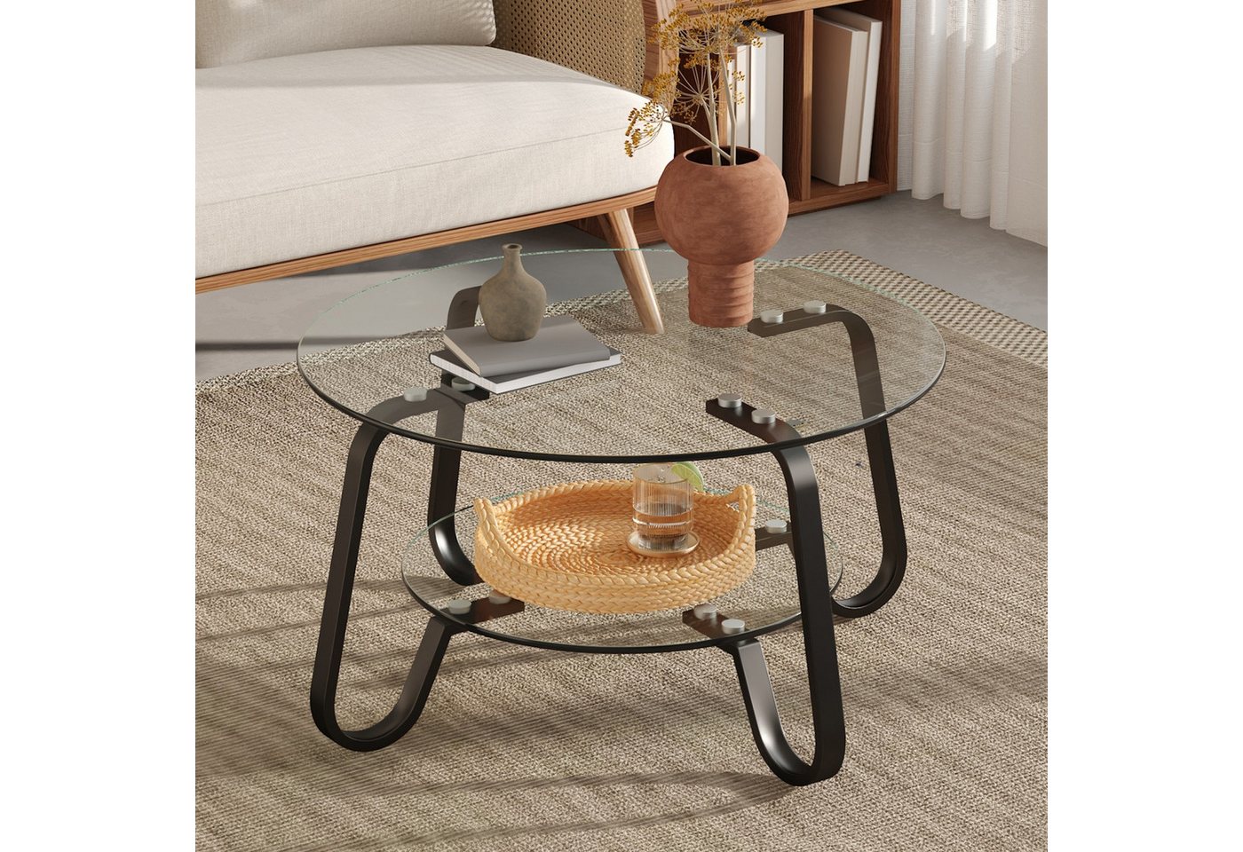 ANYSUN Couchtisch Glastisch Wohnzimmer,Couchtisch Glas Rund,Sofatisch φ80cm (Metallrahmen Doppelschicht gehärtetes Glas Couchtisch), Glas Couchtisch Beistelltis – Bild 3 von 5