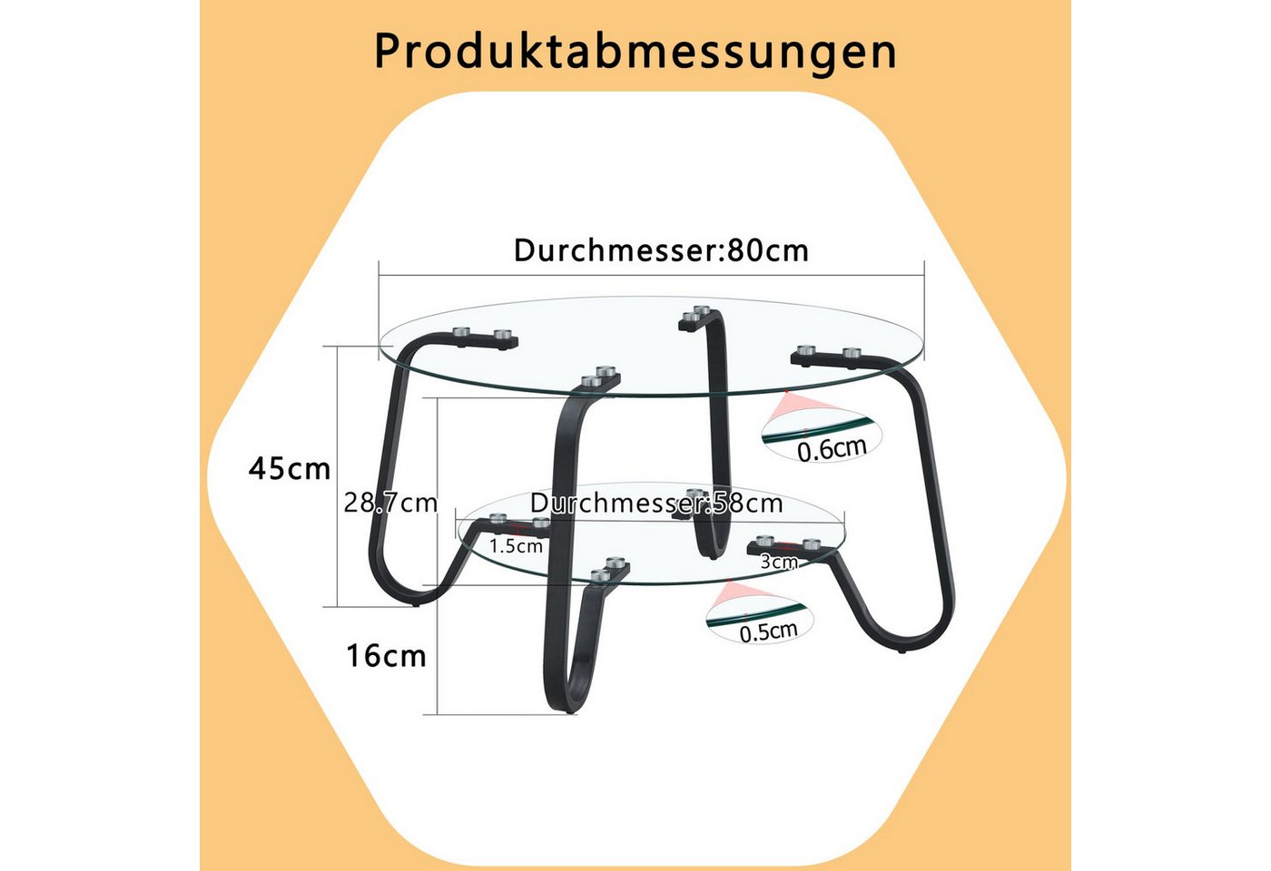 ANYSUN Couchtisch Glastisch Wohnzimmer,Couchtisch Glas Rund,Sofatisch φ80cm (Metallrahmen Doppelschicht gehärtetes Glas Couchtisch), Glas Couchtisch Beistelltis – Bild 4 von 5
