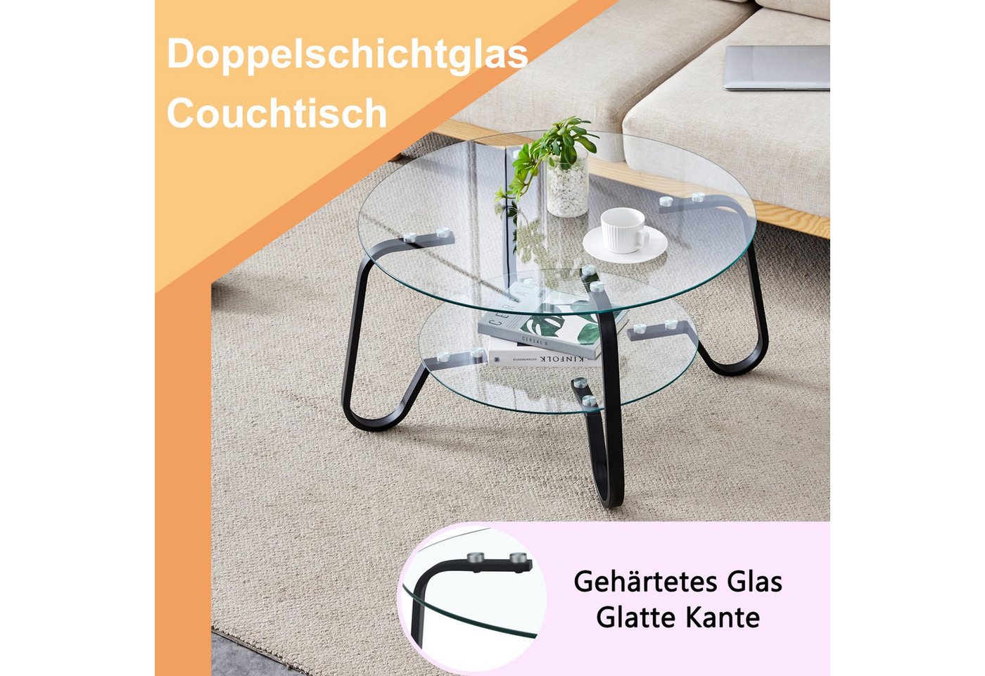 ANYSUN Couchtisch Glastisch Wohnzimmer,Couchtisch Glas Rund,Sofatisch φ80cm (Metallrahmen Doppelschicht gehärtetes Glas Couchtisch), Glas Couchtisch Beistelltis – Bild 5 von 5