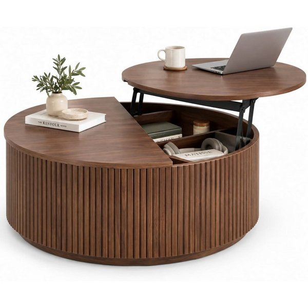 ANYSUN Couchtisch Rund,höhenverstellbar mit verstecktem Stauraum & Liftfunktion, Ø 88 cm (1-St), Wohnzimmertisch in Nussbaum-Optik mit Rillenoptik & Klappdeckel
