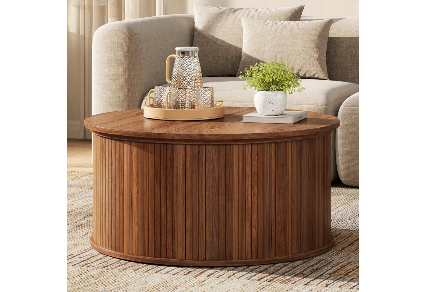 ANYSUN Couchtisch Rund,höhenverstellbar mit verstecktem Stauraum & Liftfunktion, Ø 88 cm (1-St), Wohnzimmertisch in Nussbaum-Optik mit Rillenoptik & Klappdeckel – Bild 2 von 5