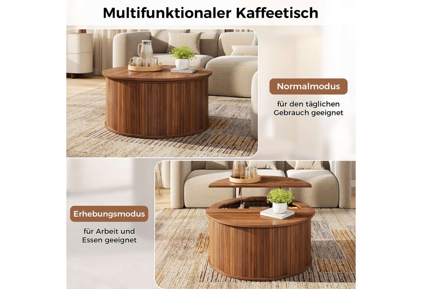ANYSUN Couchtisch Rund,höhenverstellbar mit verstecktem Stauraum & Liftfunktion, Ø 88 cm (1-St), Wohnzimmertisch in Nussbaum-Optik mit Rillenoptik & Klappdeckel – Bild 4 von 5