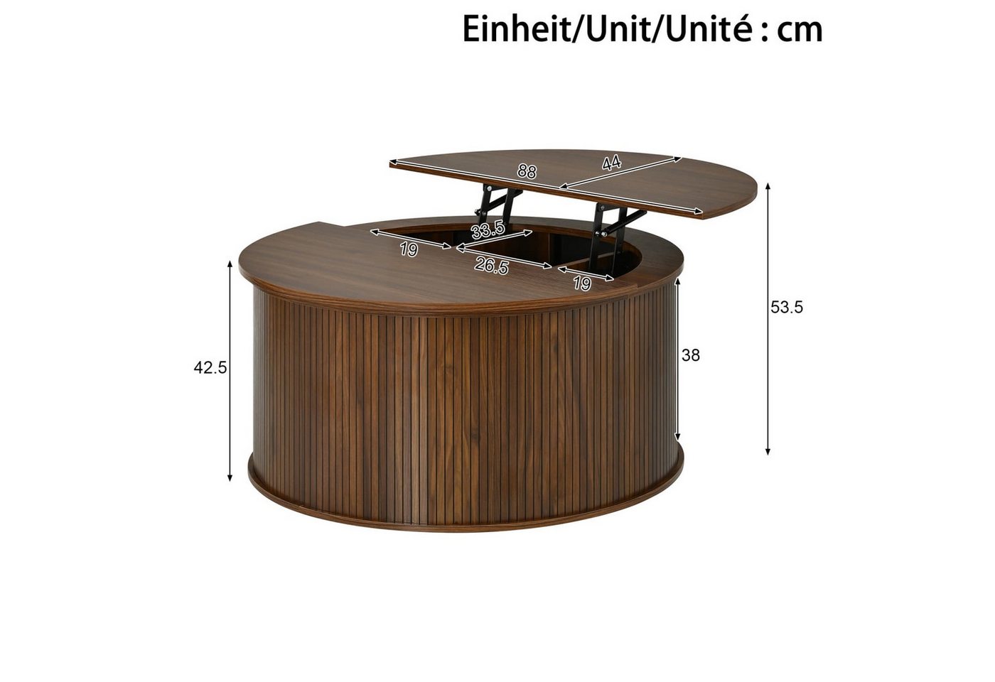 ANYSUN Couchtisch Rund,höhenverstellbar mit verstecktem Stauraum & Liftfunktion, Ø 88 cm (1-St), Wohnzimmertisch in Nussbaum-Optik mit Rillenoptik & Klappdeckel – Bild 5 von 5