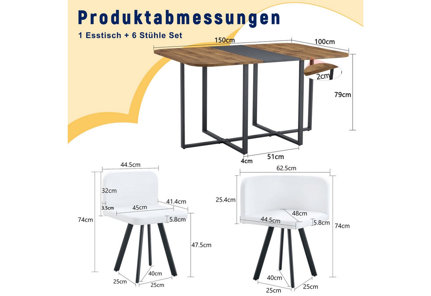 ANYSUN Essgruppe Esstisch-Set,Esstisch mit 6 Stühlen, für 4-6 Personen, (Set, 7-tlg,Tisch mit Holzmaserung-Oberfläche & schwarzem Metallgestell, Tisch mit 6 Stü – Bild 2 von 5