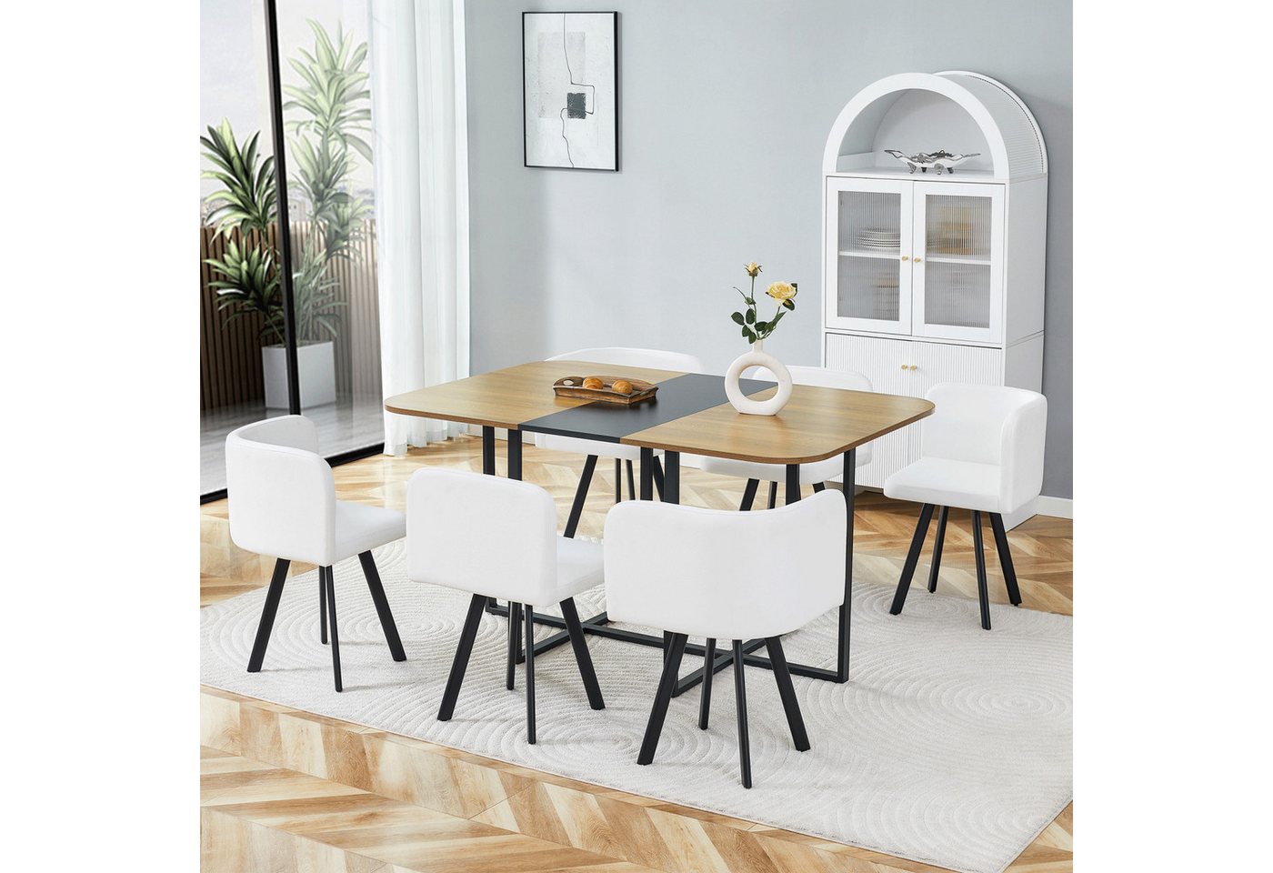 ANYSUN Essgruppe Esstisch-Set,Esstisch mit 6 Stühlen, für 4-6 Personen, (Set, 7-tlg,Tisch mit Holzmaserung-Oberfläche & schwarzem Metallgestell, Tisch mit 6 Stü – Bild 3 von 5