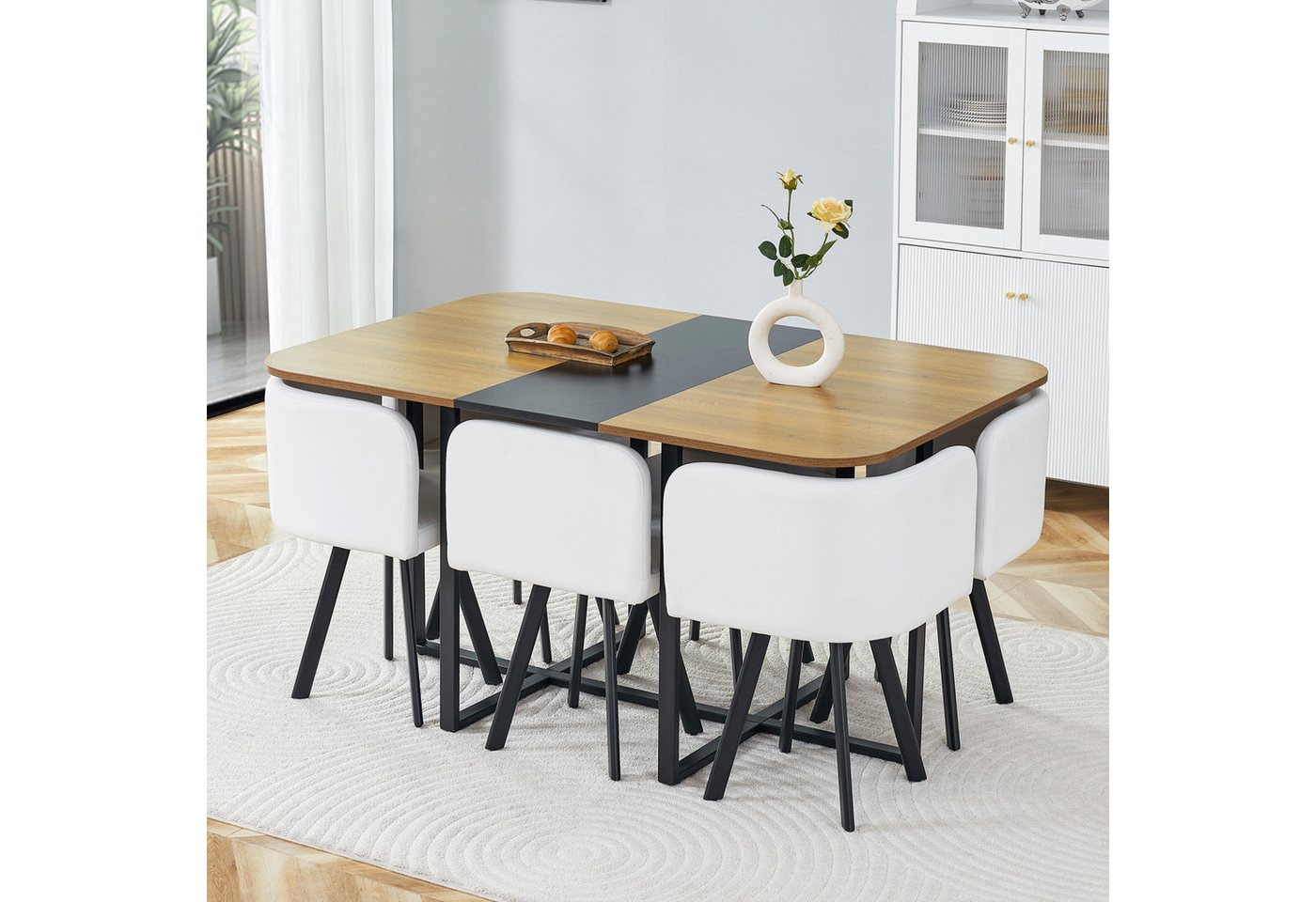 ANYSUN Essgruppe Esstisch-Set,Esstisch mit 6 Stühlen, für 4-6 Personen, (Set, 7-tlg,Tisch mit Holzmaserung-Oberfläche & schwarzem Metallgestell, Tisch mit 6 Stü – Bild 4 von 5