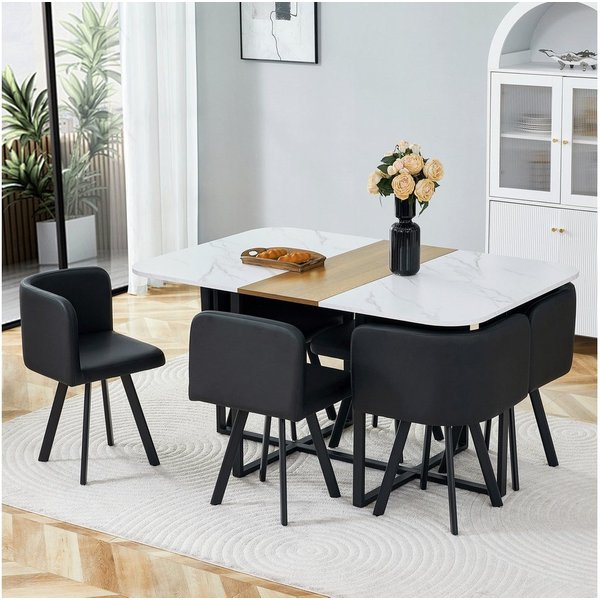 ANYSUN Essgruppe Esstisch-Set,Esstisch mit 6 Stühlen, für 4-6 Personen, (Set, 7-tlg,Tisch mit Holzmaserung-Oberfläche & schwarzem Metallgestell, Tisch mit 6 Stü