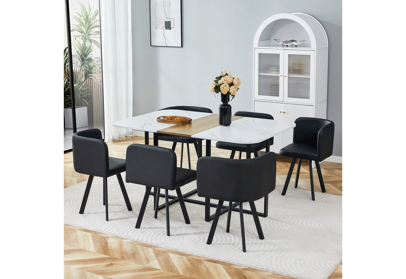 ANYSUN Essgruppe Esstisch-Set,Esstisch mit 6 Stühlen, für 4-6 Personen, (Set, 7-tlg,Tisch mit Holzmaserung-Oberfläche & schwarzem Metallgestell, Tisch mit 6 Stü – Bild 3 von 5