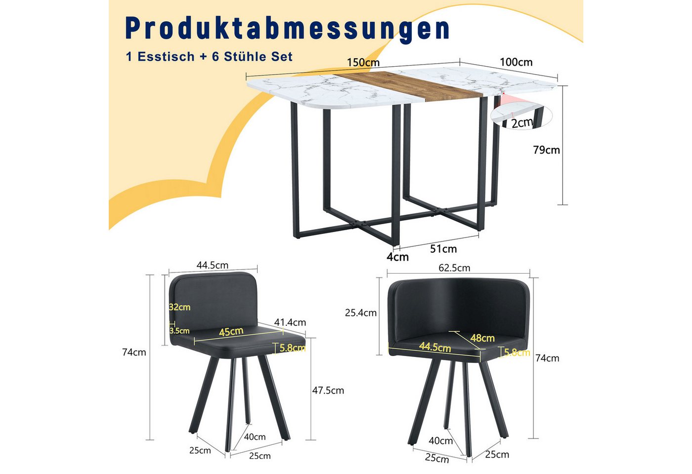 ANYSUN Essgruppe Esstisch-Set,Esstisch mit 6 Stühlen, für 4-6 Personen, (Set, 7-tlg,Tisch mit Holzmaserung-Oberfläche & schwarzem Metallgestell, Tisch mit 6 Stü – Bild 4 von 5