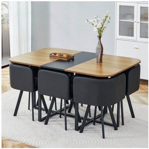 ANYSUN Essgruppe Esstisch-Set,Esstisch mit 6 Stühlen, für 4-6 Personen, (Set, 7-tlg,Tisch mit Holzmaserung-Oberfläche & schwarzem Metallgestell, Tisch mit 6 Stü