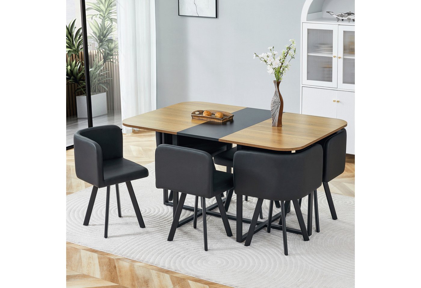ANYSUN Essgruppe Esstisch-Set,Esstisch mit 6 Stühlen, für 4-6 Personen, (Set, 7-tlg,Tisch mit Holzmaserung-Oberfläche & schwarzem Metallgestell, Tisch mit 6 Stü – Bild 2 von 5