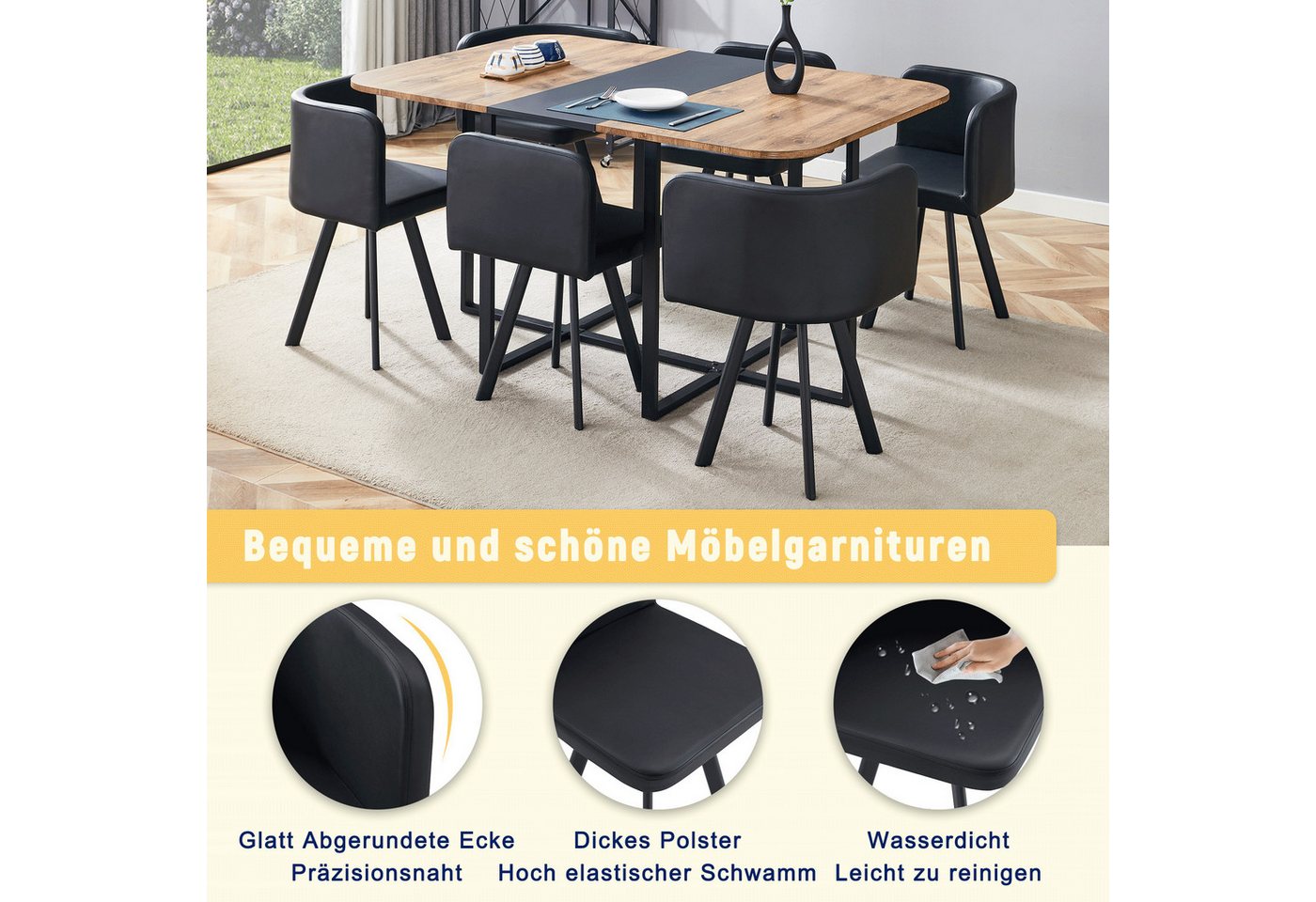 ANYSUN Essgruppe Esstisch-Set,Esstisch mit 6 Stühlen, für 4-6 Personen, (Set, 7-tlg,Tisch mit Holzmaserung-Oberfläche & schwarzem Metallgestell, Tisch mit 6 Stü – Bild 5 von 5
