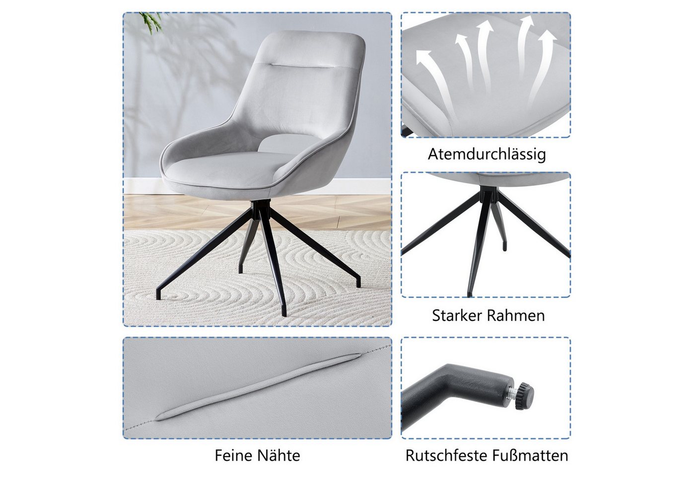 ANYSUN Esszimmerstuhl Set, 2 St Polsterstuhl 360° drehbarer,Esszimmerstuhl drehbar (Schwarz lackiertes Metallgestell mit vier Beinen), gepolsterter,geeignet für – Bild 4 von 5