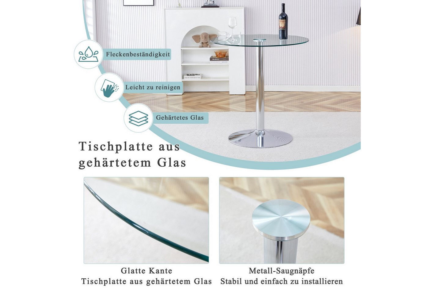 ANYSUN Glastisch Esstisch Rund Glas,Moderner minimalistischer Glasbalkentisch (Runder Esszimmertisch Küchentisch für 4 Personen), Esszimmertische mit Metallbein – Bild 3 von 5