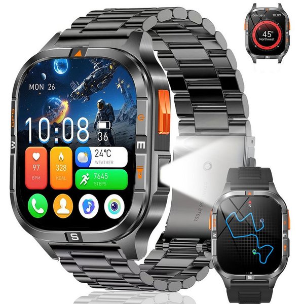 ANYSUN GPS Smartwatch Herren mit Kompass, Höhenmesser & Barometer Smartwatch 2,01 Zoll, Bluetooth-Anrufe,LED-Taschenlampe,100+ Sportmodi, IP68 Wasserdicht, Zwei