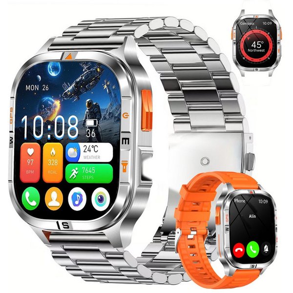 ANYSUN GPS Smartwatch Herren mit Kompass, Höhenmesser & Barometer Smartwatch 2,01 Zoll, Bluetooth-Anrufe,LED-Taschenlampe,100+ Sportmodi, IP68 Wasserdicht, Zwei