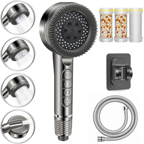 ANYSUN Handbrause Duschkopf mit Schlauch, Filter und Halterung ohne bohren, Wassersparender Handbrause Hochdruck, Duschkopf mit 4 Strahlarten